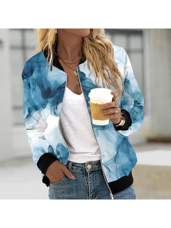 Womens Casual Jackets Zip Up Jacket Floral Print Coat Stand Collar Short Sports Zipper Outwear Work Suits Women Oversized Jean Jacket Women Business Casual Tops Light Weight Jackets for Women with