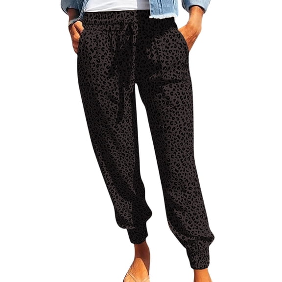 Womens Casual Jogger Pants Summer Leopard Print Athletic Trousers Loose Fit Drawstring Lounge Bottoms