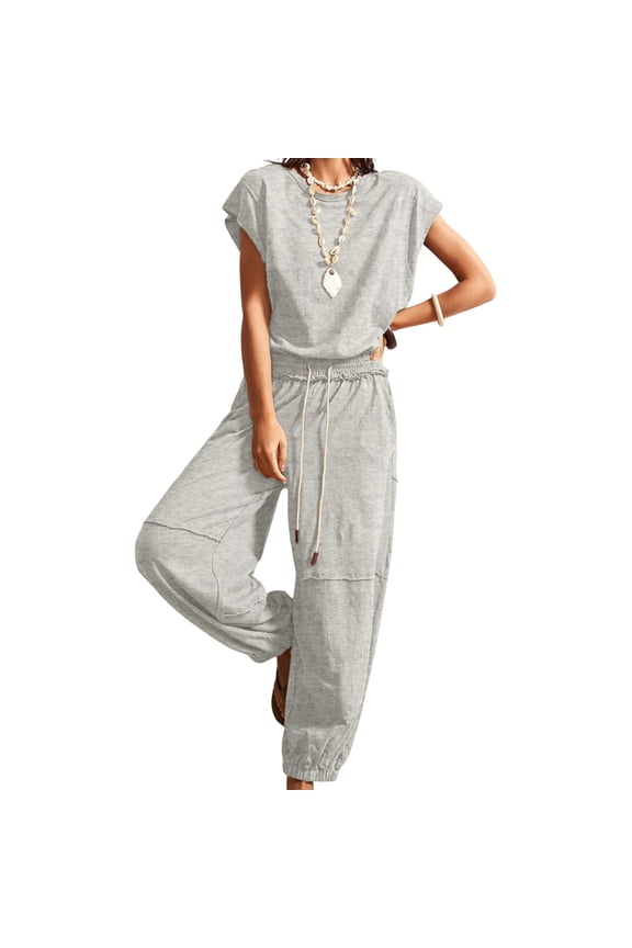 Womens Casual Jumpsuit Open Back Workout Onesie Loose One Piece Outfits Summer Drawstring Romper