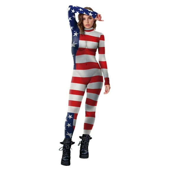 Womens Casual Jumpsuits Long Sleeved Independence Day Holiday 3D Printing National Flag Splicing Sexy Bodysuit Rompers for Women 2024