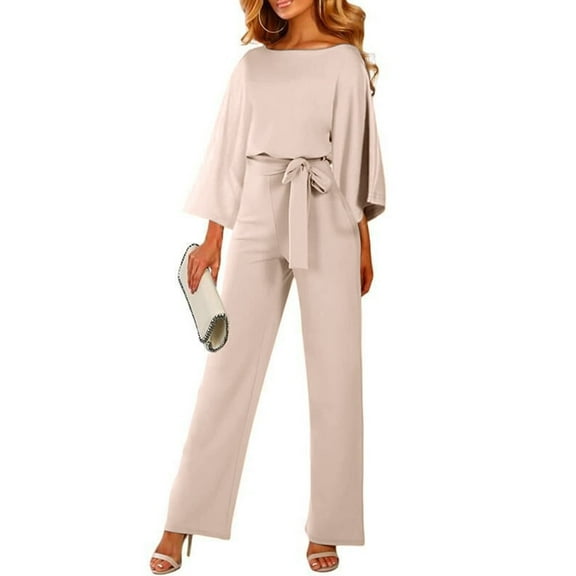 Womens Casual Jumpsuits Loose Fit Belted Dressy Long Sleeve Crewneck Autumn Jumpsuit Long Wide Legs Formal Rompers Beige L