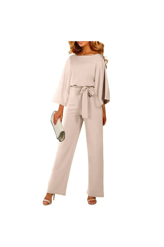 Womens Casual Jumpsuits Loose Fit Belted Dressy Long Sleeve Crewneck Autumn Jumpsuit Long Wide Legs Formal Rompers Beige M