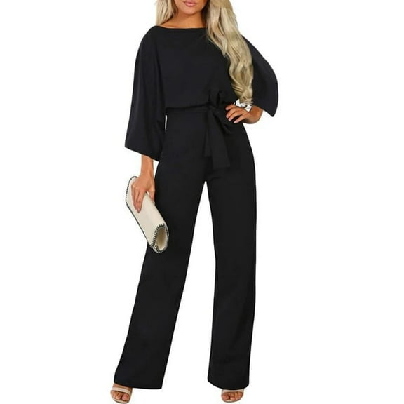 Womens Casual Jumpsuits Loose Fit Belted Dressy Long Sleeve Crewneck Autumn Jumpsuit Long Wide Legs Formal Rompers Black L
