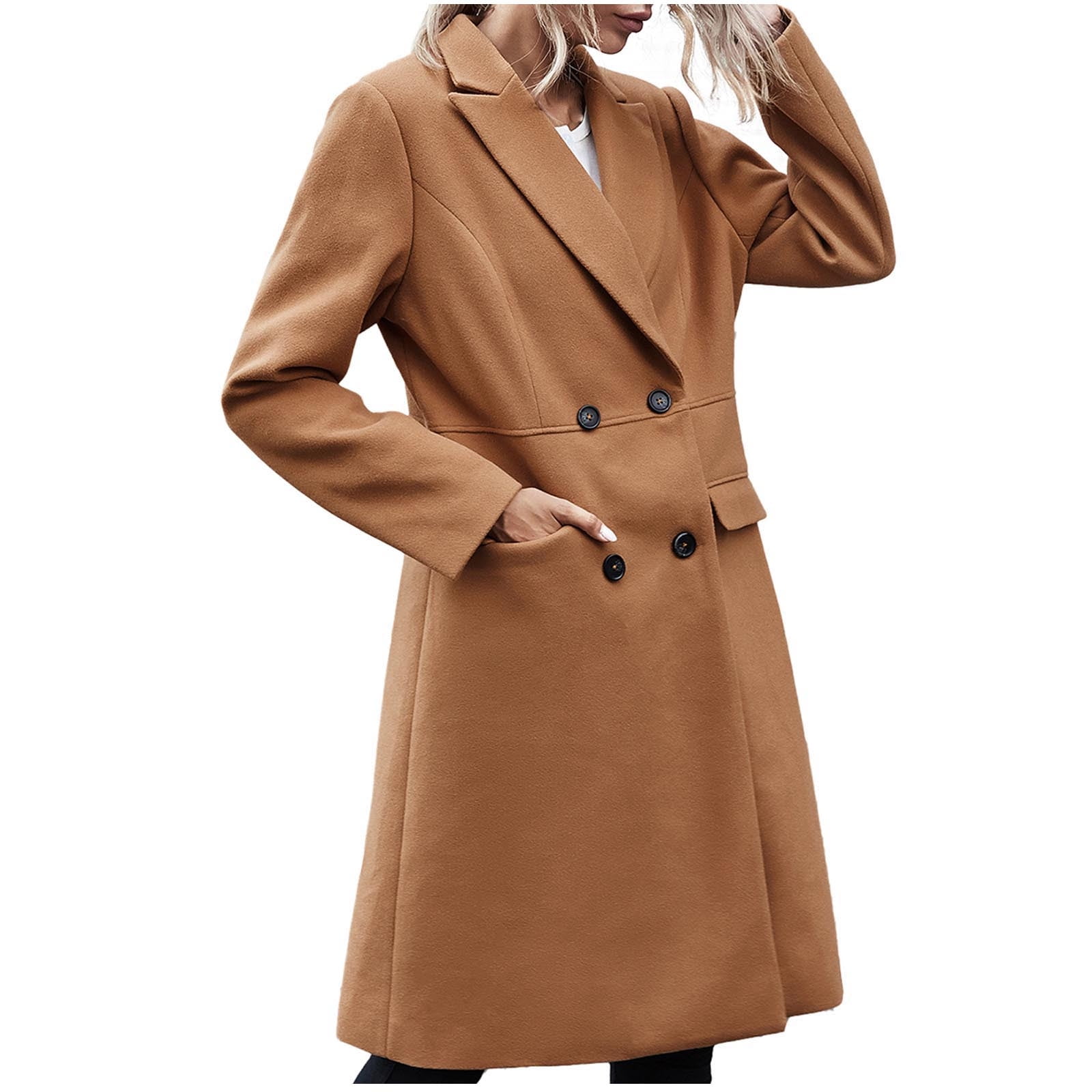 Womens Casual Khaki Trench Coat Lapel Open Front Outerwear Mid
