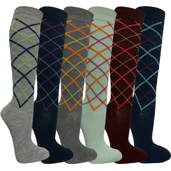 Womens Casual Knee High Socks Patterned Colors Fashion Socks (5 Argyle, 6 Pairs), 9-11