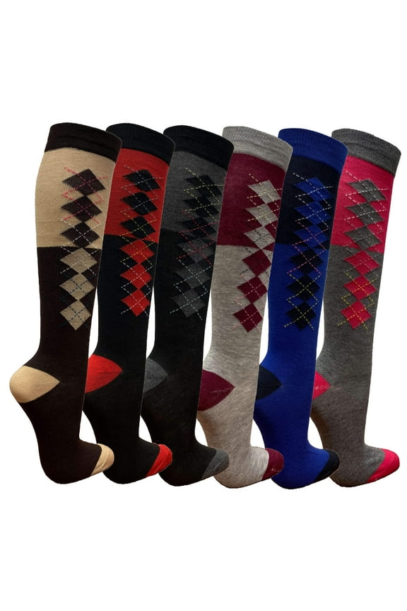 Womens Casual Knee High Socks Patterned Colors Fashion Socks (Argyle, 6 Pairs), 9-11