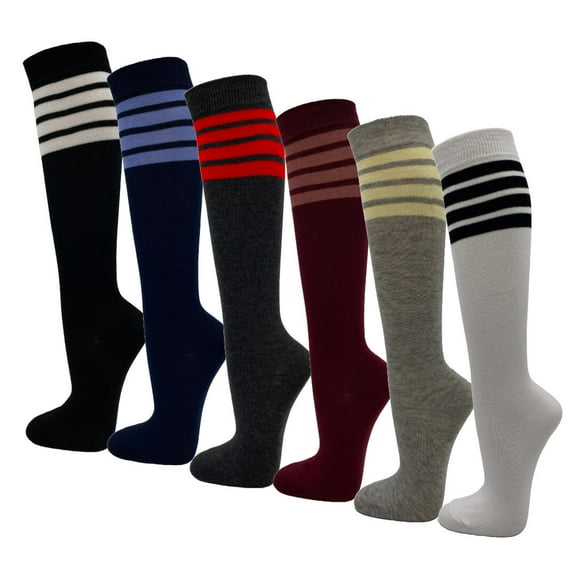 Womens Casual Knee High Socks Patterned Colors Fashion Socks (Multi-Stripes Solid Color, 6 Pairs), 9-11