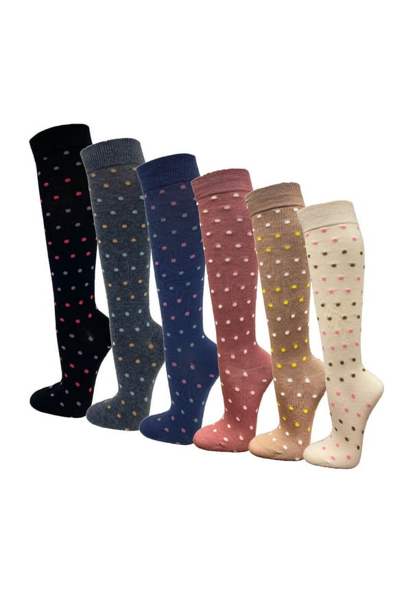 Womens Casual Knee High Socks Patterned Colors Fashion Socks (Tiny Dots, 6 Pairs), 9-11