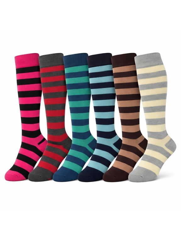 Womens Casual Knee High Socks Patterned Colors Fashion Socks (Wider Stripes, 6 Pairs), 9-11
