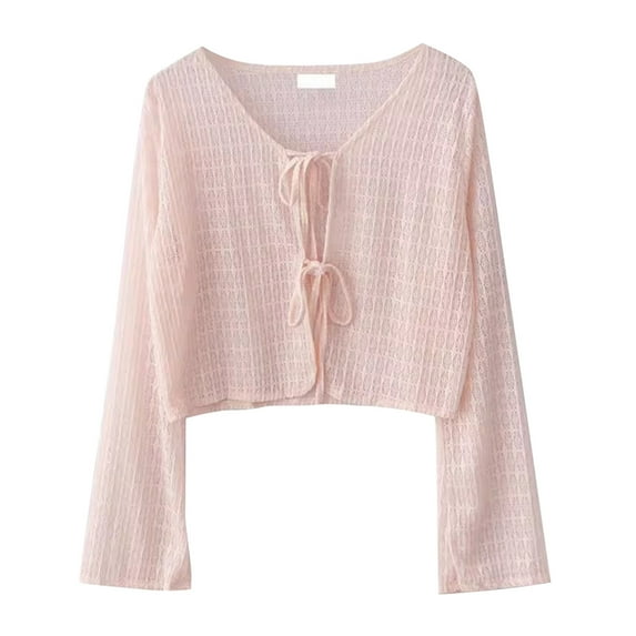 Womens Casual Knit Cover-Ups Long Sleeves V-Neck Lace-Up Solid Color Summer Beach Tops Sun Protection Loose Top Comfort Casual Swimsuit Coverup 2025