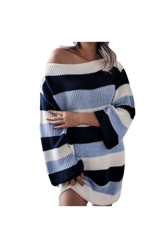 Womens Casual Knit Mini Sweater Dress Stripe Long Sleeve off Shoulder Fall Winter Pullover Jumper Sweaters Tops