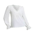 Womens Casual Lace Paneled V Neck Ruffled Blouse Puff Bell Long Sleeve
