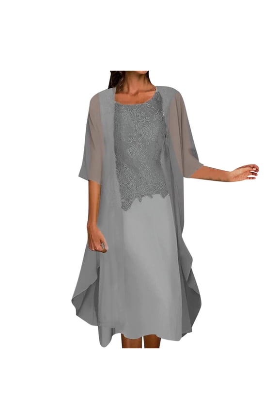 Womens Casual Lace Round Neck Sleeveles Dress Solid Chiffon Two Piece Set Summer Boho Floral Formal Sundresses Wedding Guest Prom Bodycon Cocktail Dresses A68-14642