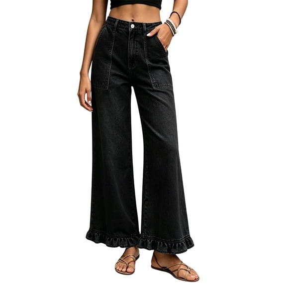Womens Casual Lace Trim Loose Straight Leg Jeans High Waisted Denim Pants Wide Leg Full Length Everyday Style, Black-2XL