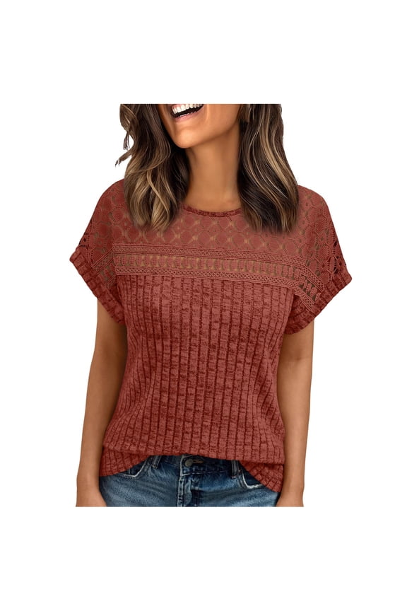 Womens Casual Lace Trim Ribbed Knit Short Sleeve Top Crewneck Boho Blouse Textured Summer Going Out Stretchy Yoke Tee,Size M