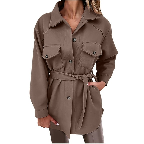 Womens Casual Lapel Belted Shacket Jacket Long Sleeve Button Down Trench Coat Outwear Overcoat with Pockets Womens Clothes