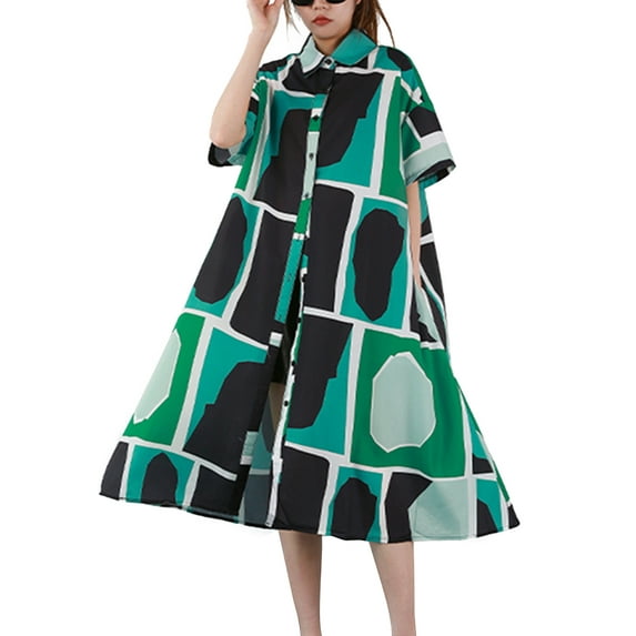 Womens Casual Lapel Print Short Sleeve Oversized Button Down Shirt Dress Loose Blouse GY2788 Green