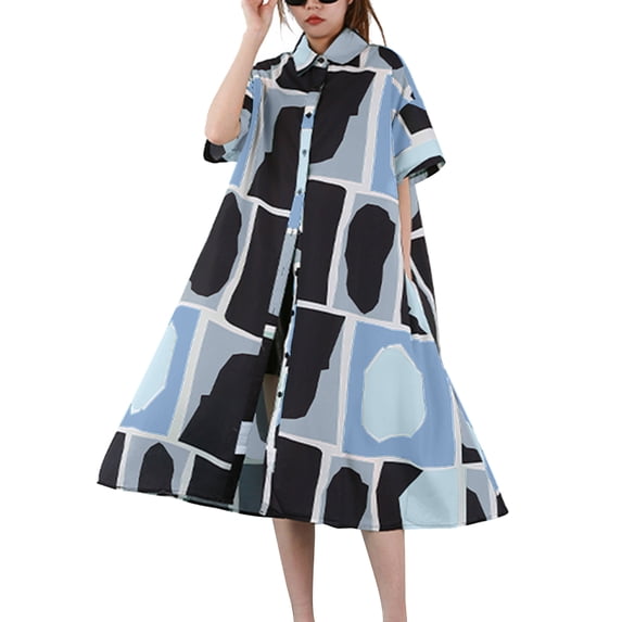 Womens Casual Lapel Short Sleeve Oversized Button Down Shirt Dress Collared Tunic Dress GY2788 Blue