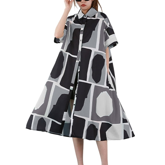 Womens Casual Lapel Short Sleeve Oversized Button Down Shirt Dress Collared Tunic Dress GY2788 Grey