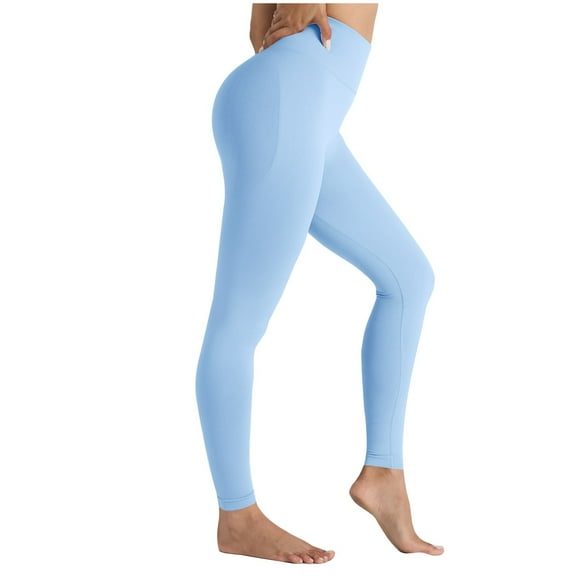 Womens Casual Leggings High Waisted Hip Lifting Yoga Pants Elastic Waist Workout Tights Solid Color Slim Trousers (Light Blue XL)