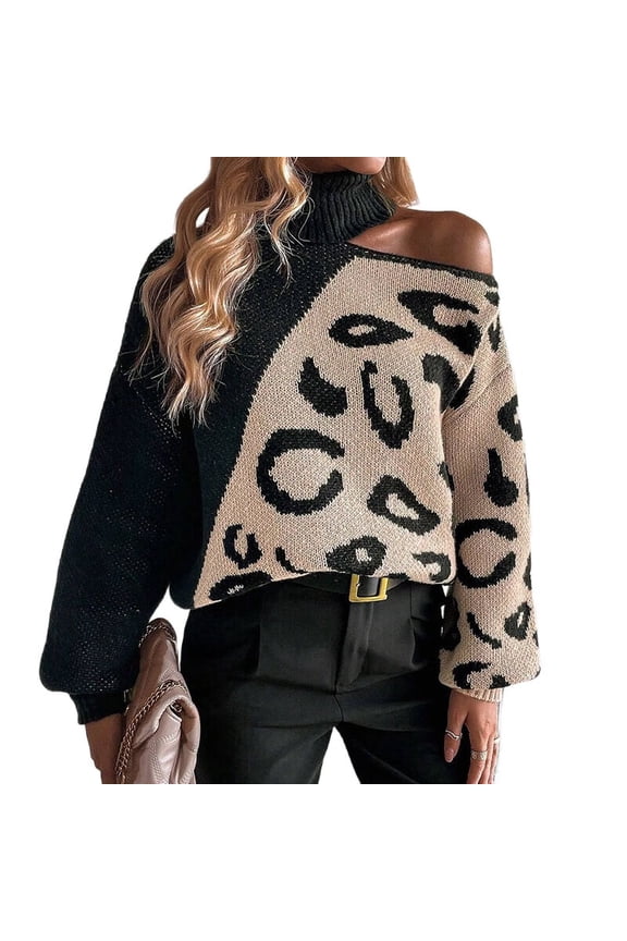 Womens Casual Leopard Print Off Shoulder Turtle Neck Knit Pullover Loose Fit Long Sleeve Jumper Sweaters Tops Black L