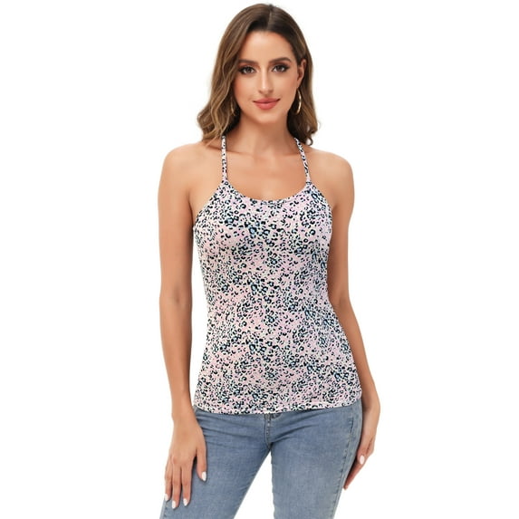 Womens Casual Leopard Print Spaghetti Strap Soft Racerback Tank Top