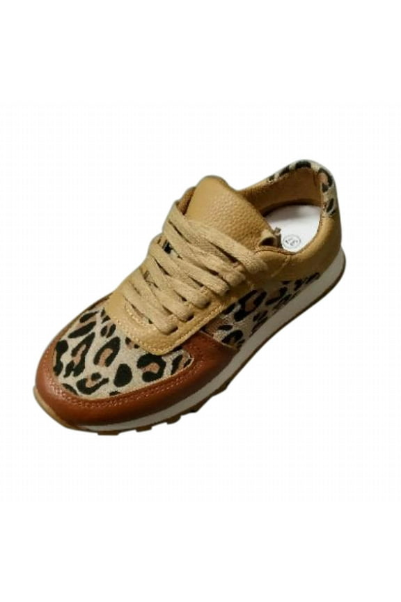 Womens Casual Leopard Sneakers Faux Leather Trendy Splicing Tennis Skate Shoe Walking Footwear Laces Shoes