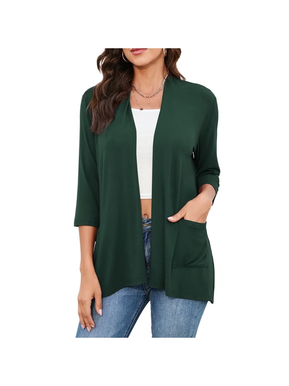 Womens Casual Lightweight Cardigan With Pockets 3 4 Sleeve Front Open Duster Summer Sheer Cardigans for Women Warm Cardigan plus Size Duster Long Dress Cardigan Knit Soft Cardigan Drape Front