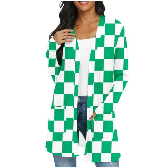 Womens Casual Lightweight Long Sleeve Cardigan Trendy Color Block Loose Fit Open Front Kimono Pockets Cardigan