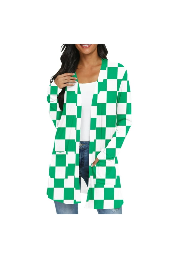 Womens Casual Lightweight Long Sleeve Cardigan Trendy Color Block Loose Fit Open Front Kimono Pockets Cardigan