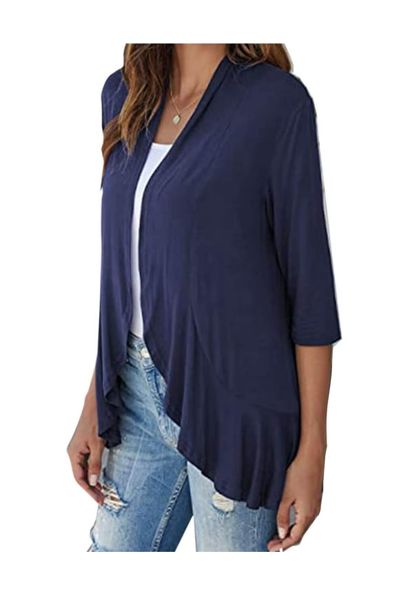 Womens Casual Lightweight Open Front Cardigans Soft 3/4 Sleeve Summer/Fall Ruffles Cardigan Shermie