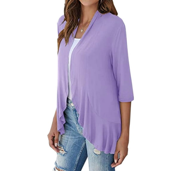 Womens Casual Lightweight Open Front Cardigans Soft 3/4 Sleeve Summer/Fall Ruffles Cardigan Shermie