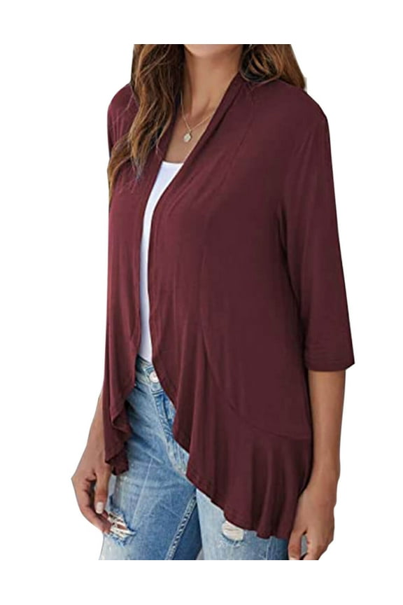 Womens Casual Lightweight Open Front Cardigans Soft 3/4 Sleeve Summer/Fall Ruffles Cardigan Shermie