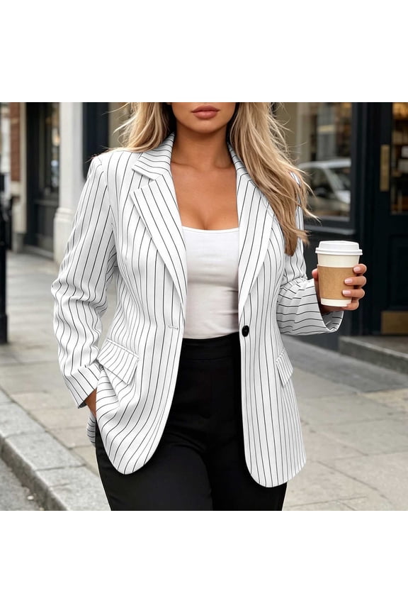 **Womens Casual Lightweight Pinstripe Blazer Single Button Work Jacket White**,Size 2XL
