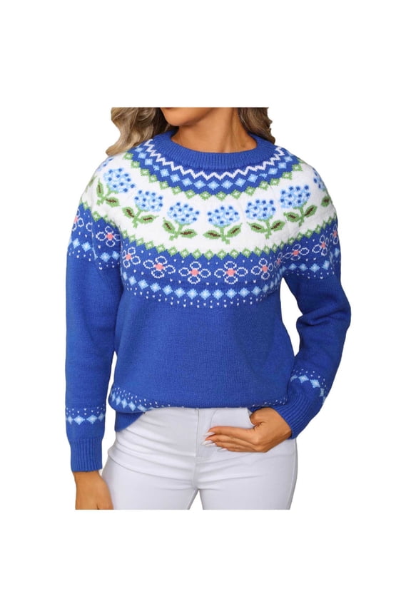 Womens Casual Lightweight Vintage Fair Isle Sweater Raglan Sleeve Crew Neck Print Knitted Pullover Comfy Warm Fall Tops