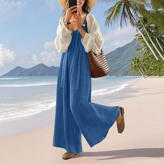 Casual Wide Leg Jumpsuits for Women, Boho Floral Pleated Overalls Rompers, Summer Outfits with Pockets, Solid Color Button Pocket Long Pants, Limited Time Off