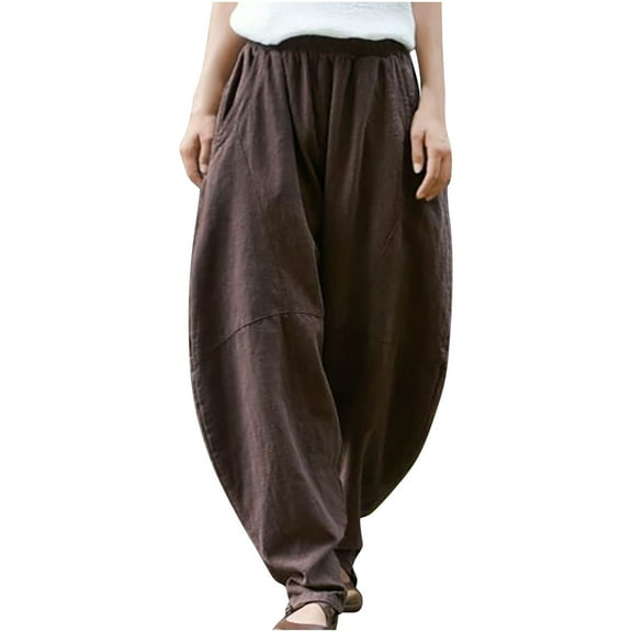 Womens Casual Linen Baggy Pants Elastic Waist Relax Fit Cotton Hippie Gypsy Harem Pant Drop Crotch Yoga Pants