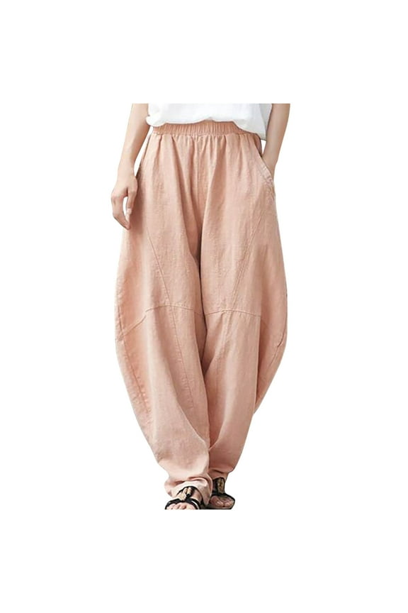 Womens Casual Linen Baggy Pants Elastic Waist Relax Fit Cotton Hippie Gypsy Harem Pant Drop Crotch Yoga Pants