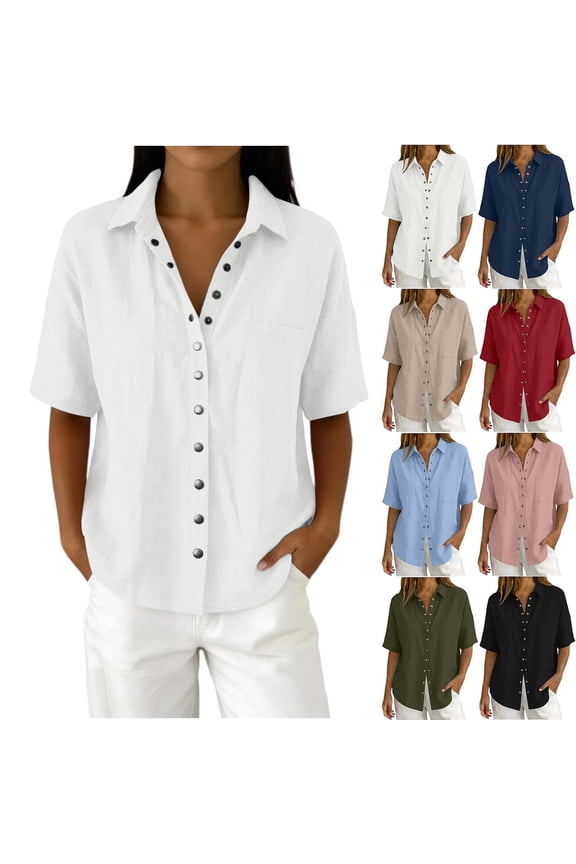 Womens Casual Linen Button Down Tops Fashion Casual Linen Solid Color Flared Open Front Short Sleeve Button-Up V-Neck Pocket Top Vacation-ready linen resort shirts