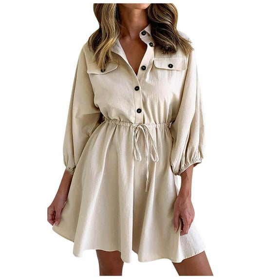 Womens Casual Linen Button Up Dress Collar Drawstring Waist Shirt Dress Long Sleeve Loose Fit Fall Blouse Tunic Dress