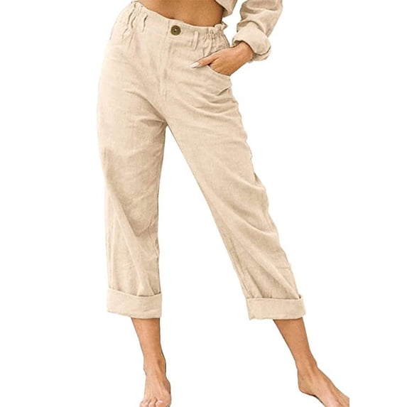 Womens Casual Linen Capri Cargo Pants Loose Elastic Waist Ankle Cropped Trouser with Pockets and Button