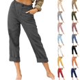 thumbnail image 1 of Womens Casual Linen Capri Cargo Pants Loose Elastic Waist Ankle Cropped Trouser with Pockets and Button, 1 of 4