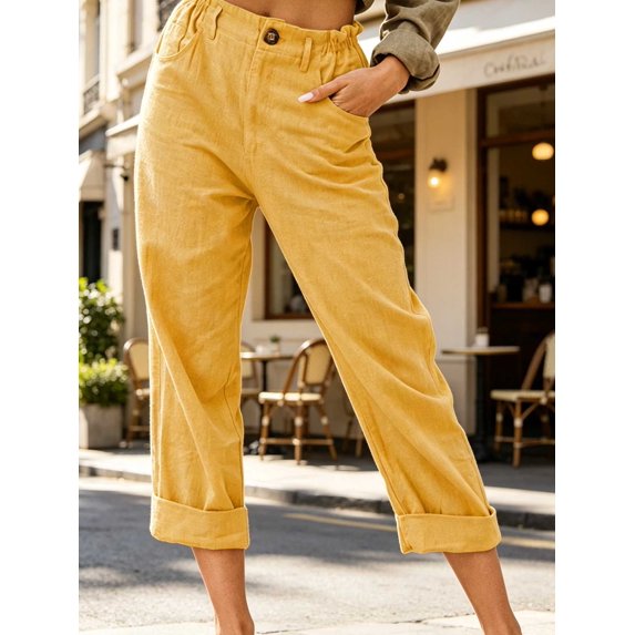 Womens Casual Linen Capri Cargo Pants Loose elastic Waist ankle Cropped Trouser with Pockets and Button