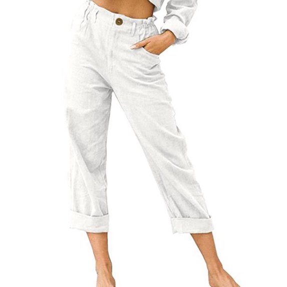 Womens Casual Linen Capri Cargo Pants Loose elastic Waist ankle Cropped Trouser with Pockets and Button