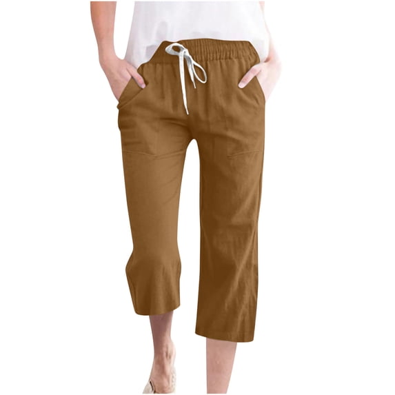 Womens Casual Linen Capris Pants Summer Straight Leg Drawstring Elastic Pant High Waist Loose Comfy Shift Trousers with Pockets