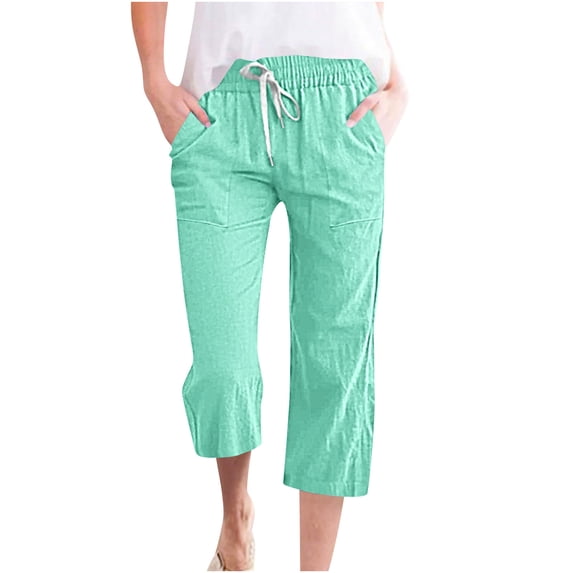 Womens Casual Linen Capris Pants Summer Straight Leg Drawstring Elastic Pant High Waist Loose Comfy Shift Trousers with Pockets