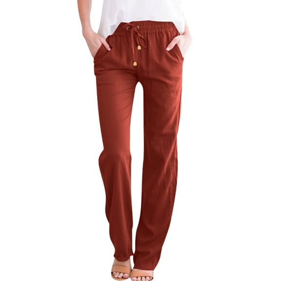 Womens Casual Linen High Waist Pants Drawstring Loose Fit Straight Leg Summer Pants Lounge Trousers with Side Pockets Saffron S