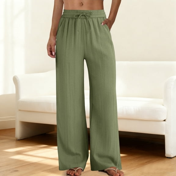 Womens Casual Linen High Waist Pants Drawstring Loose Fit Summer Pants Trousers with Side Pockets Army Green XL