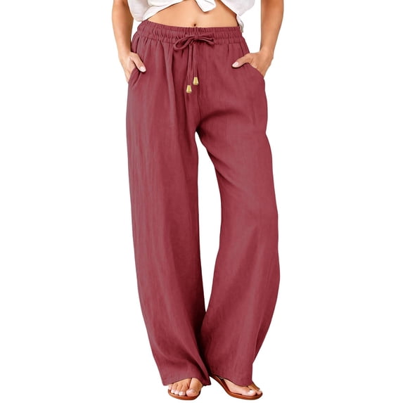 Womens Casual Linen High Waist Pants Drawstring Loose Fit Summer Pants Trousers with Side Pockets Red M