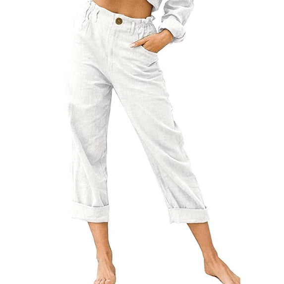 Womens Casual Linen High Waist Pants Loose Straight Leg Cropped Pants Comfy Lounge Trousers with Side Pockets